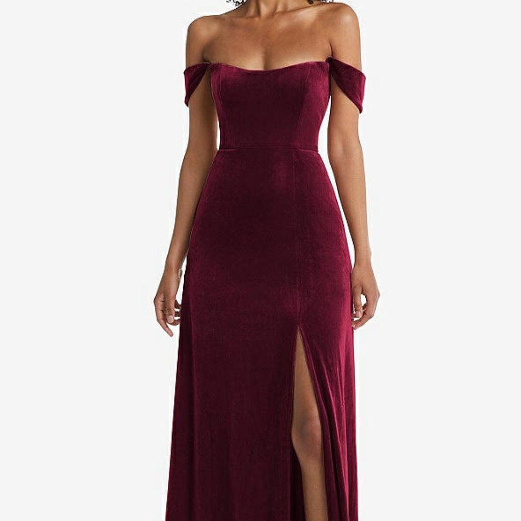 After Six 1551..Off-The-Shoulder Flounce Sleeve Velvet Dress...Cabernet...Sz 6